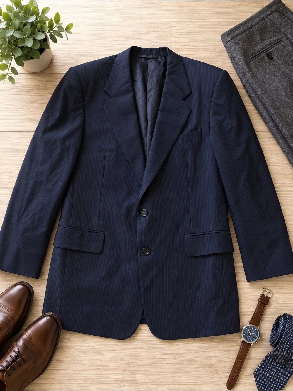 Hickey Freeman for Saks Fifth Avenue Navy Pinstripe Wool Blazer 40R Made in US